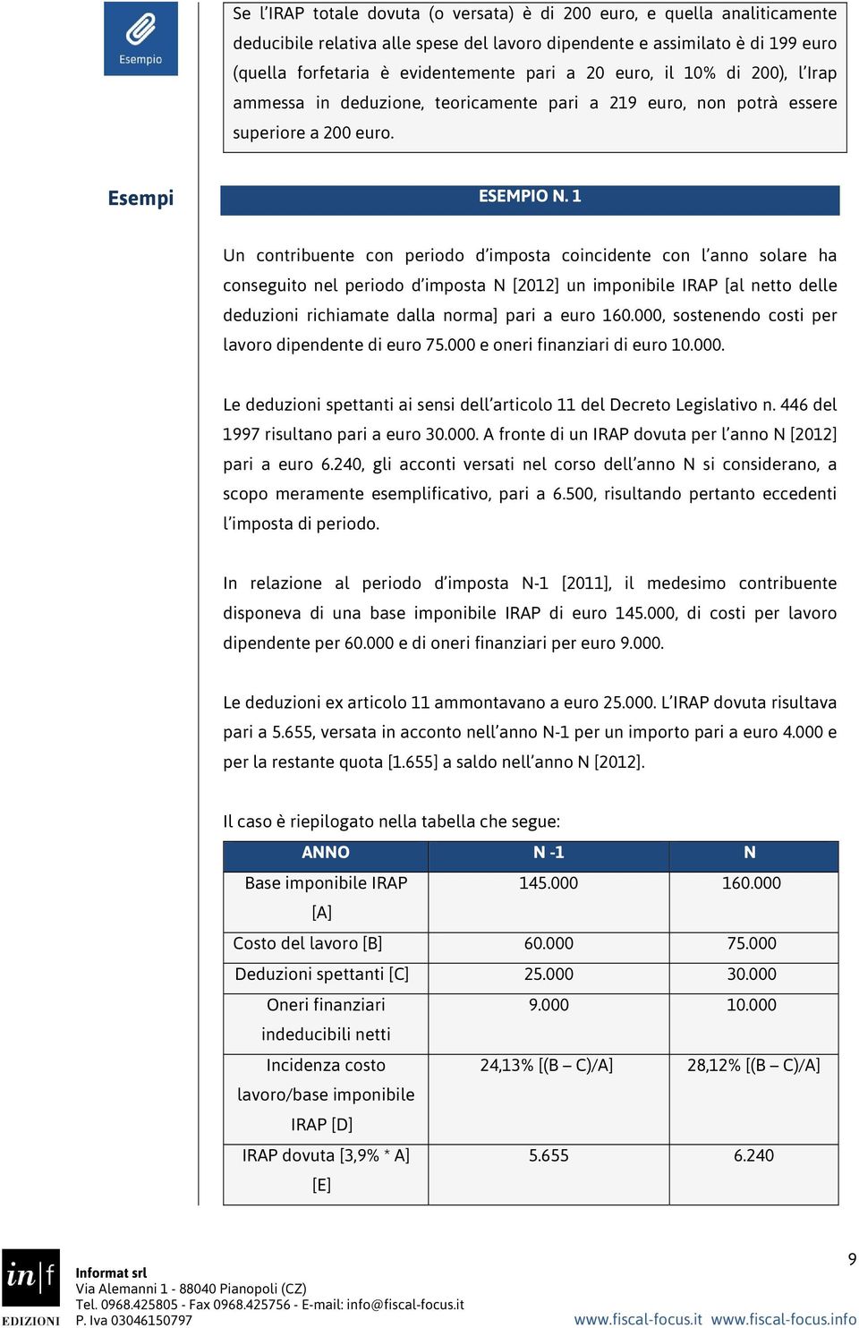 1 Un contribuente con periodo d imposta coincidente con l anno solare ha conseguito nel periodo d imposta N [2012] un imponibile IRAP [al netto delle deduzioni richiamate dalla norma] pari a euro 160.