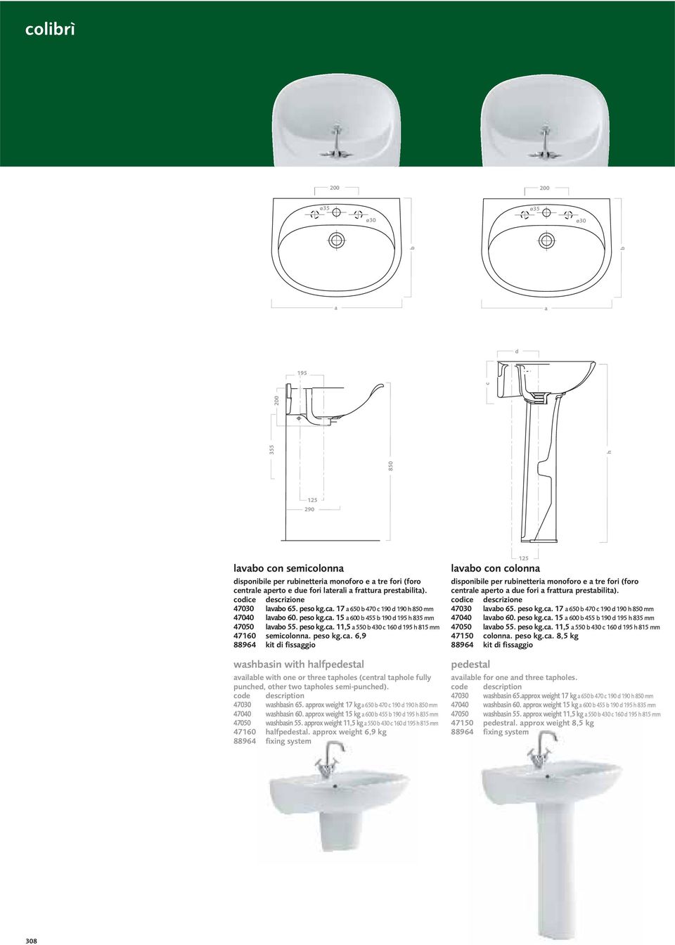 peso kg.ca. 6,9 88964 kit di fissaggio washbasin with halfpedestal available with one or three tapholes (central taphole fully punched, other two tapholes semi-punched). 47030 washbasin 65.