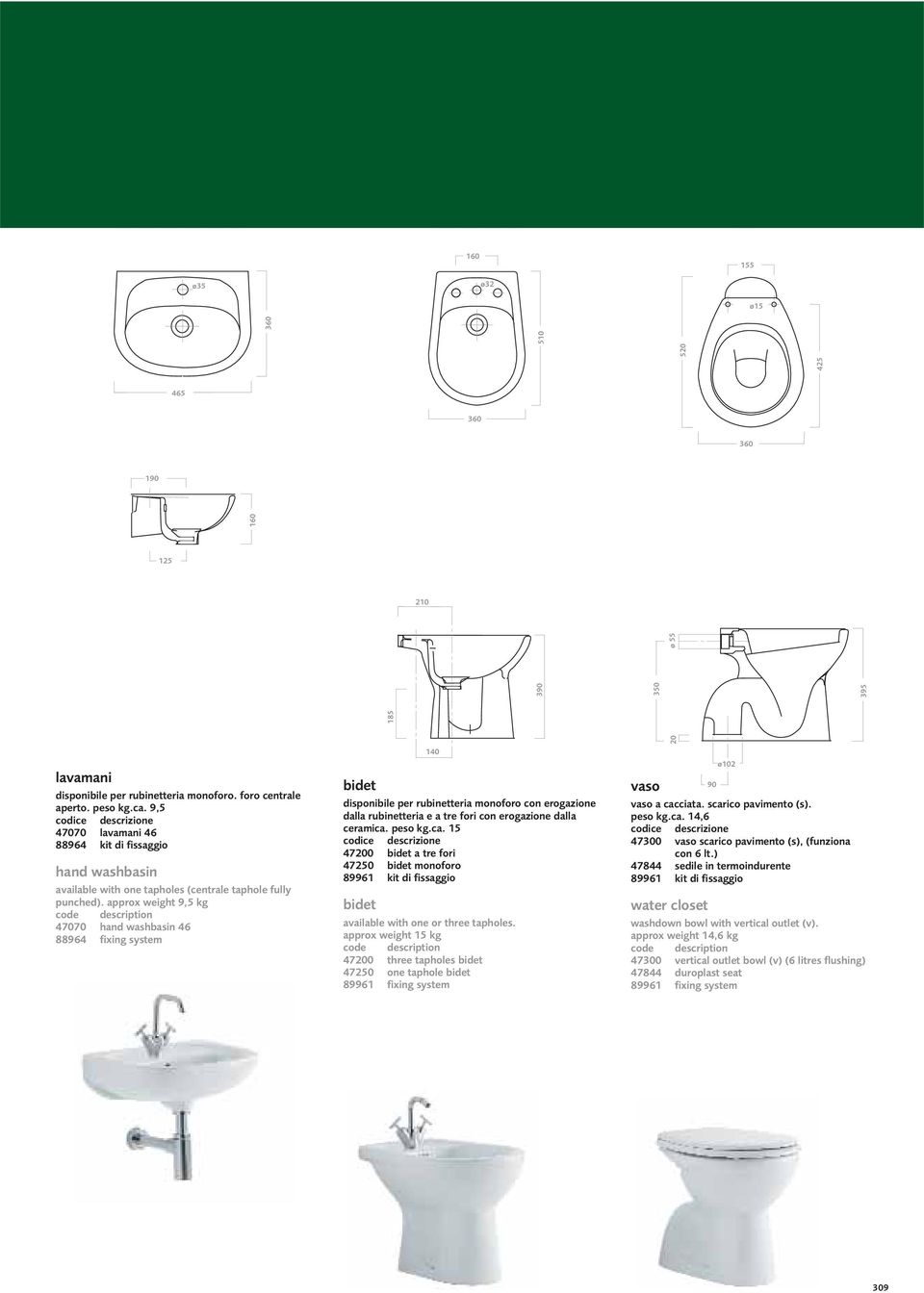 approx weight 9,5 kg 47070 hand washbasin 46 88964 fixing system bidet disponibile per rubinetteria monoforo con erogazione dalla rubinetteria e a tre fori con erogazione dalla ceramica.