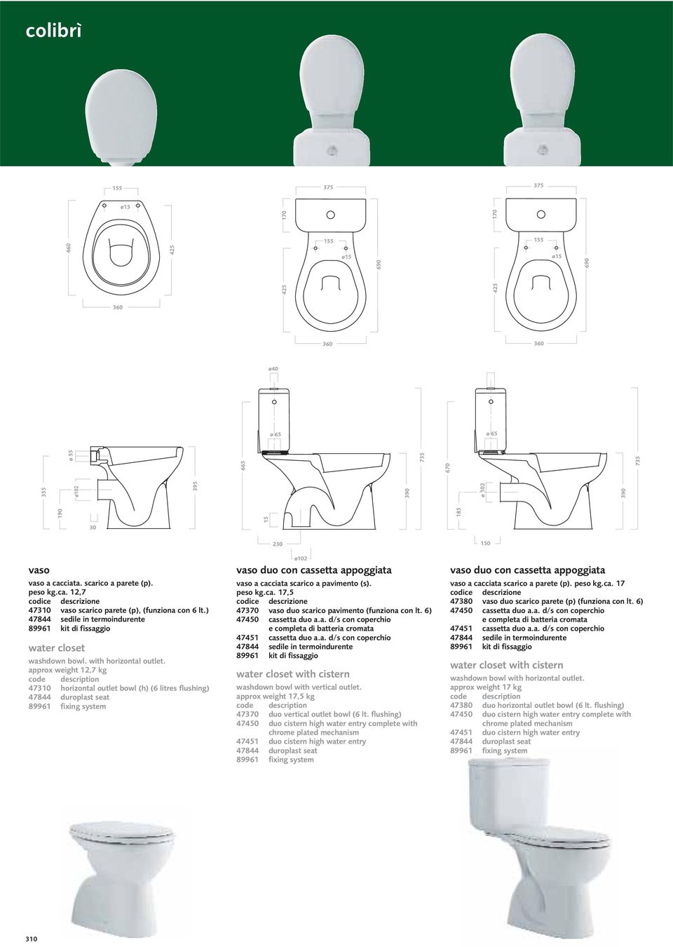 approx weight 12,7 kg 47310 horizontal outlet bowl (h) (6 litres flushing) 47844 duroplast seat 89961 fixing system 230 ø102 vaso duo con cassetta appoggiata vaso a cacciata scarico a pavimento (s).