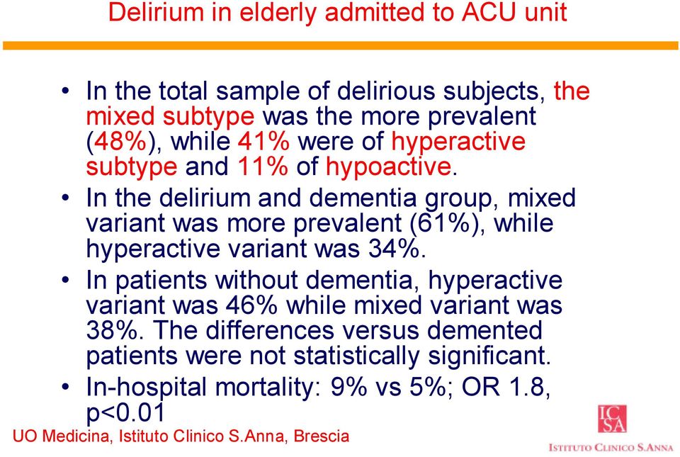 In the delirium and dementia group, mixed variant was more prevalent (61%), while hyperactive variant was 34%.
