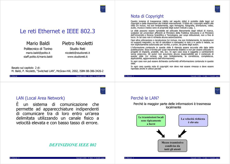 Nicoletti, Switched, McGraw-Hill, 2002, ISBN 88-386-3426-2 Nota di Copyright Questo insieme di trasparenze (detto nel seguito slide) è protetto dalle leggi sul copyright e dalle disposizioni dei