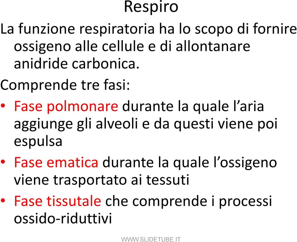 Comprende tre fasi: Fase polmonare durante la quale l aria aggiunge gli alveoli e da