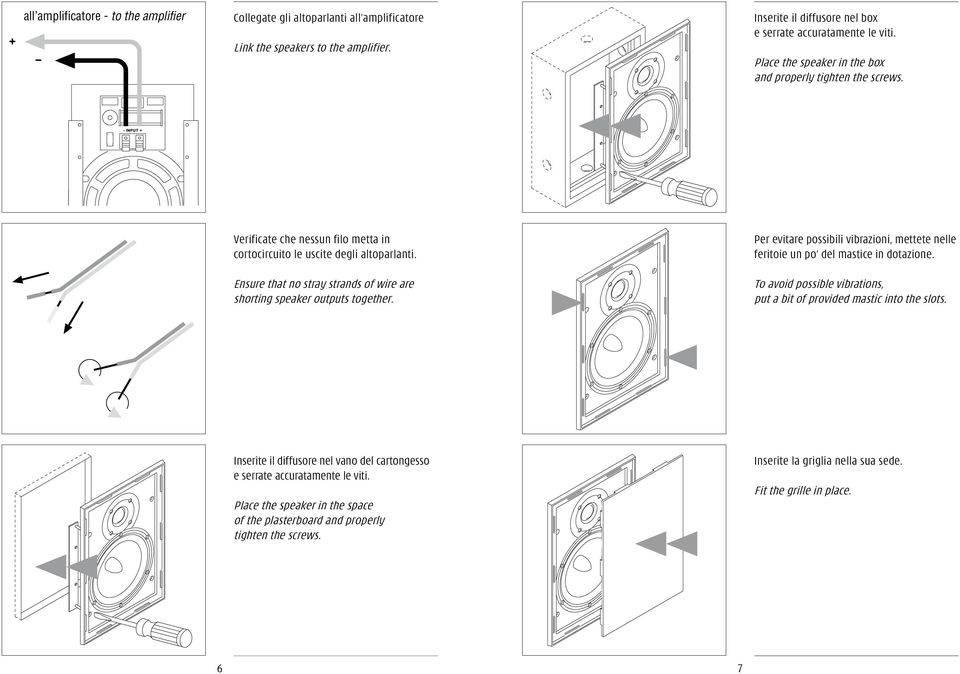 Ensure that no stray strands of wire are shorting speaker outputs together. Per evitare possibili vibrazioni, mettete nelle feritoie un po del mastice in dotazione.