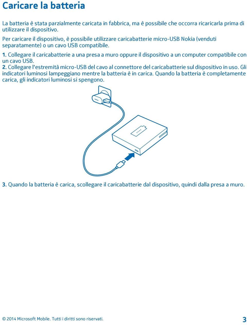 Collegare il caricabatterie a una presa a muro oppure il dispositivo a un computer compatibile con un cavo USB. 2.