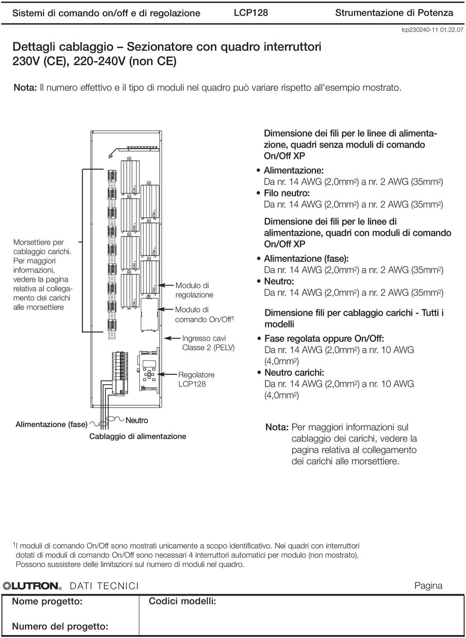 Per maggiori informazioni, vedere la pagina relativa al collegamento dei carichi alle morsettiere Modulo di regolazione Modulo di comando On/Off 1 Ingresso cavi Classe (PEV) Regolatore Dimensione dei