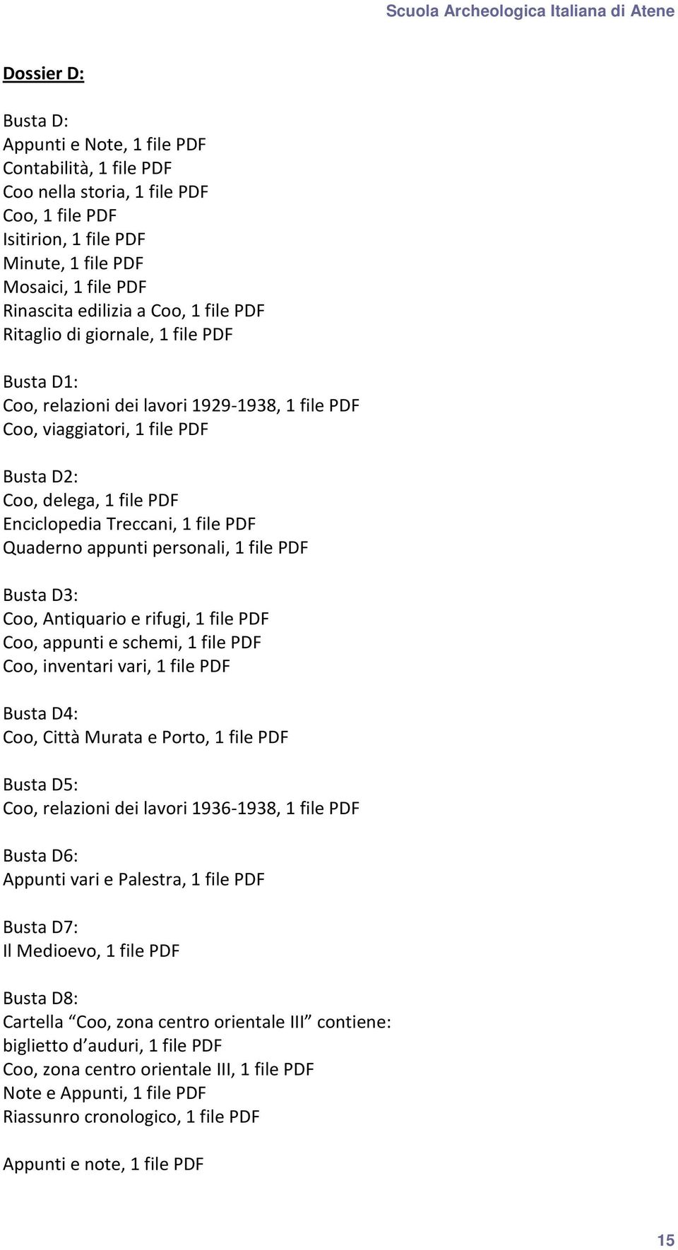 PDF Quaderno appunti personali, 1 file PDF Busta D3: Coo, Antiquario e rifugi, 1 file PDF Coo, appunti e schemi, 1 file PDF Coo, inventari vari, 1 file PDF Busta D4: Coo, Città Murata e Porto, 1 file