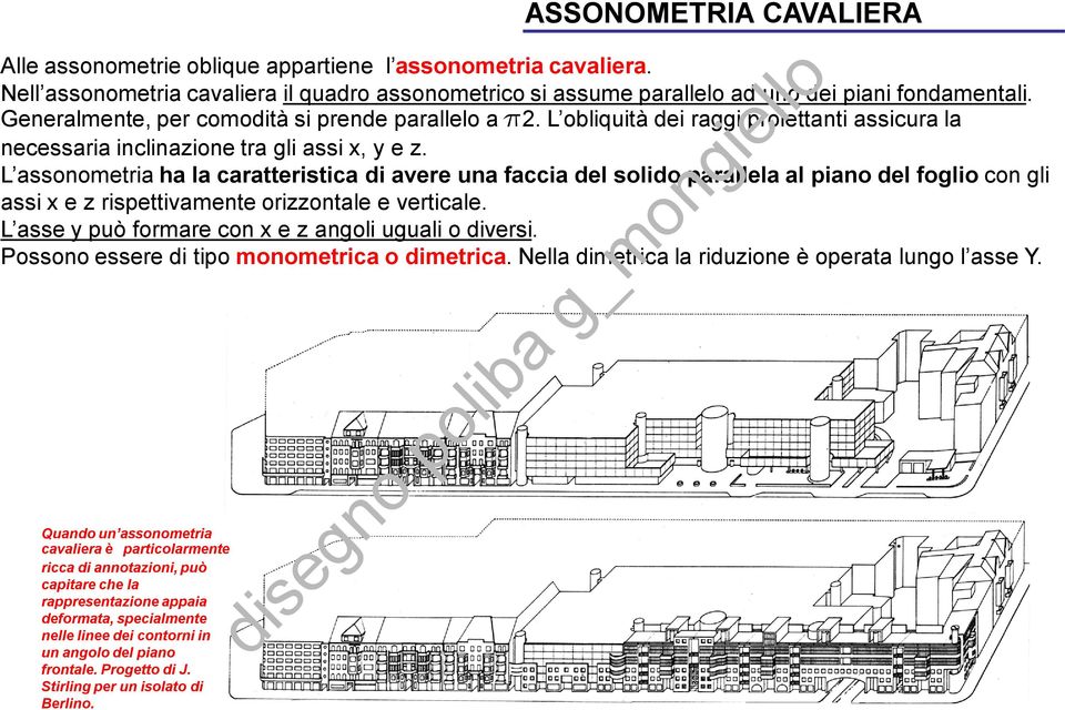 Nell assonometria cavaliera il quadro assonometrico si assume parallelo ad uno dei piani fondamentali. Generalmente, per comodità si prende parallelo a p2.