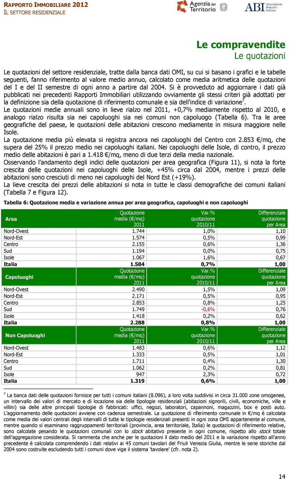 Si è provveduto ad aggiornare i dati già pubblicati nei precedenti Rapporti Immobiliari utilizzando ovviamente gli stessi criteri già adottati per la definizione sia della quotazione di riferimento