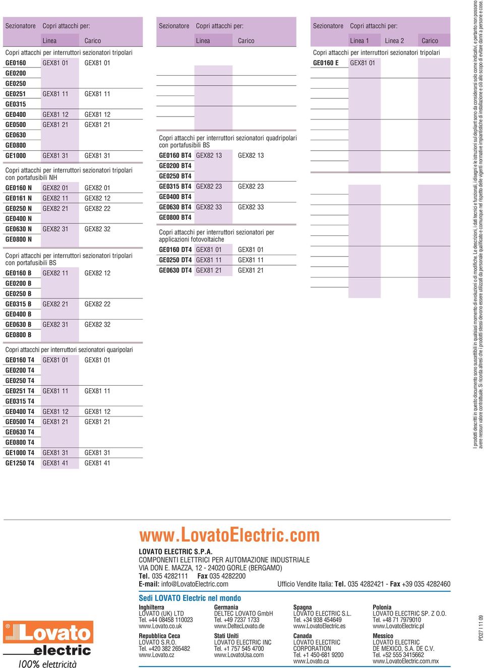 01 GE0161 N GEX82 11 GEX82 12 GE0250 N GEX82 21 GEX82 22 GE0400 N GE0630 N GEX82 31 GEX82 32 GE0800 N Copri attacchi per interruttori sezionatori tripolari con portafusibili BS GE0160 B GEX82 11