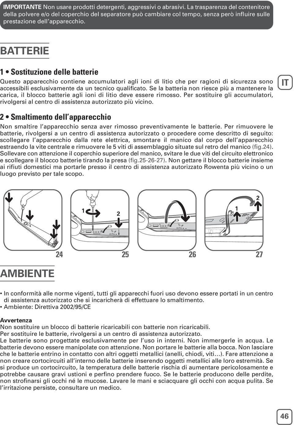 BATTERIE Sostituzione delle batterie Questo apparecchio contiene accumulatori agli ioni di litio che per ragioni di sicurezza sono accessibili esclusivamente da un tecnico qualificato.