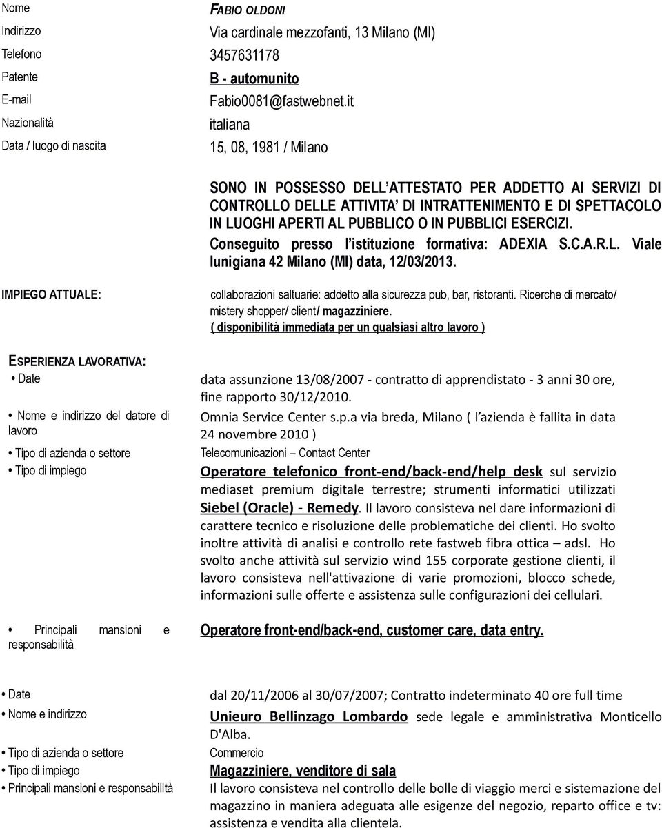 ESERCIZI. Conseguito presso l istituzione formativa: ADEXIA S.C.A.R.L. Viale lunigiana 42 Milano (MI) data, 12/03/2013.