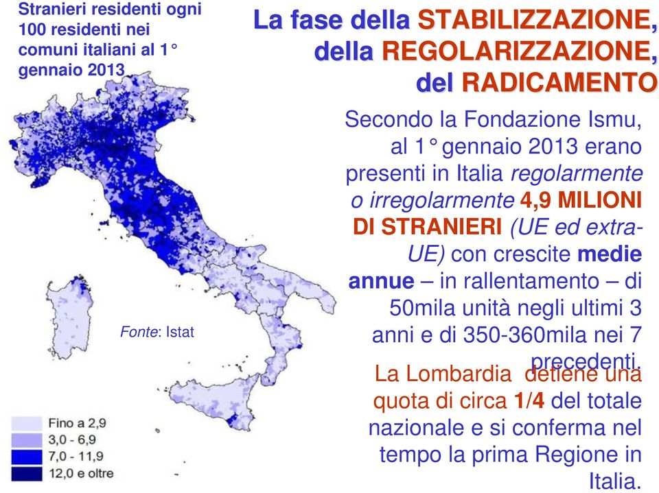 irregolarmente 4,9 MILIONI DI STRANIERI (UE ed extra- UE) con crescite medie annue in rallentamento di 50mila unità negli ultimi 3