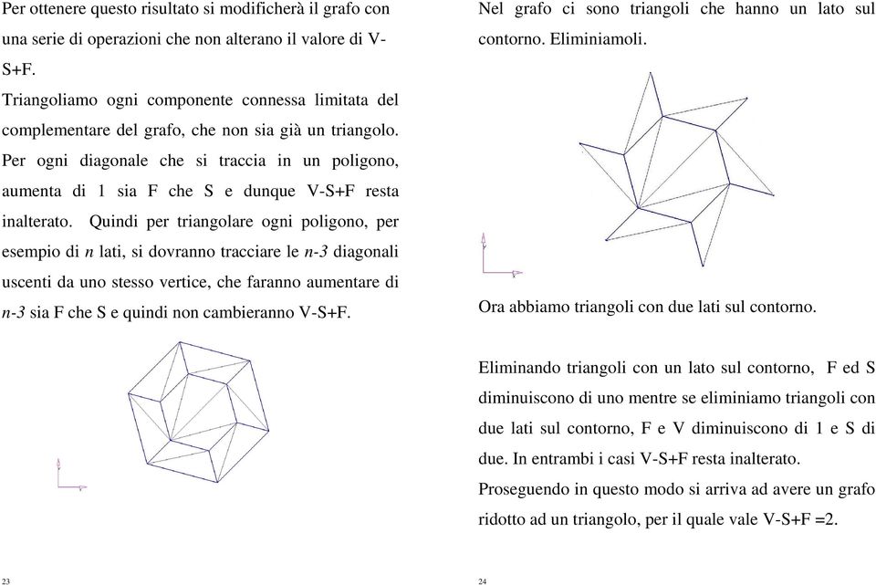 Per ogni diagonale che si traccia in un poligono, aumenta di 1 sia F che S e dunque V-S+F resta inalterato.