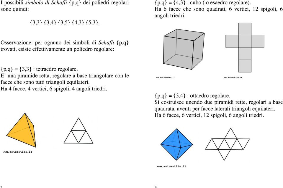 Osservazione: per ognuno dei simboli di Schäfli {p,q} trovati, esiste effettivamente un poliedro regolare: {p,q} = {3,3} : tetraedro regolare.