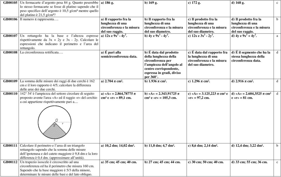 GB00108 L circonferenz rettifict. GB00109 L somm delle misure dei rggi di due cerchi è 162 cm e il loro rpporto è 4/5; clcolre l differenz delle ree dei due cerchi.