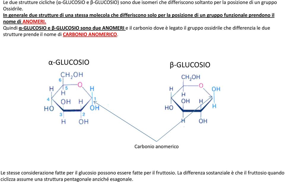 Quindi α-glucosio eβ-glucosio sono due ANOMERI e il carbonio dove è legato il gruppo ossidrile che differenzia le due strutture prende il nome di CARBONIO ANOMERICO.