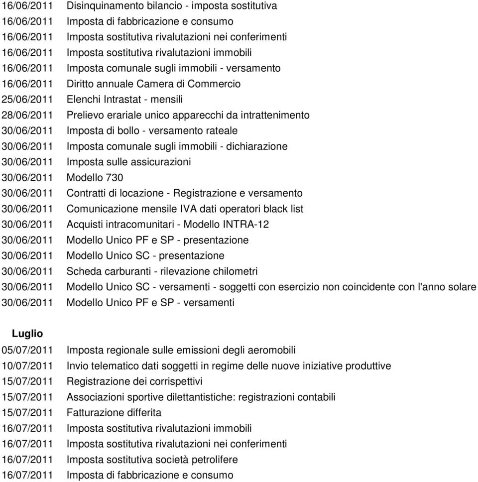 apparecchi da intrattenimento 30/06/2011 Imposta di bollo - versamento rateale 30/06/2011 Imposta comunale sugli immobili - dichiarazione 30/06/2011 Imposta sulle assicurazioni 30/06/2011 Modello 730