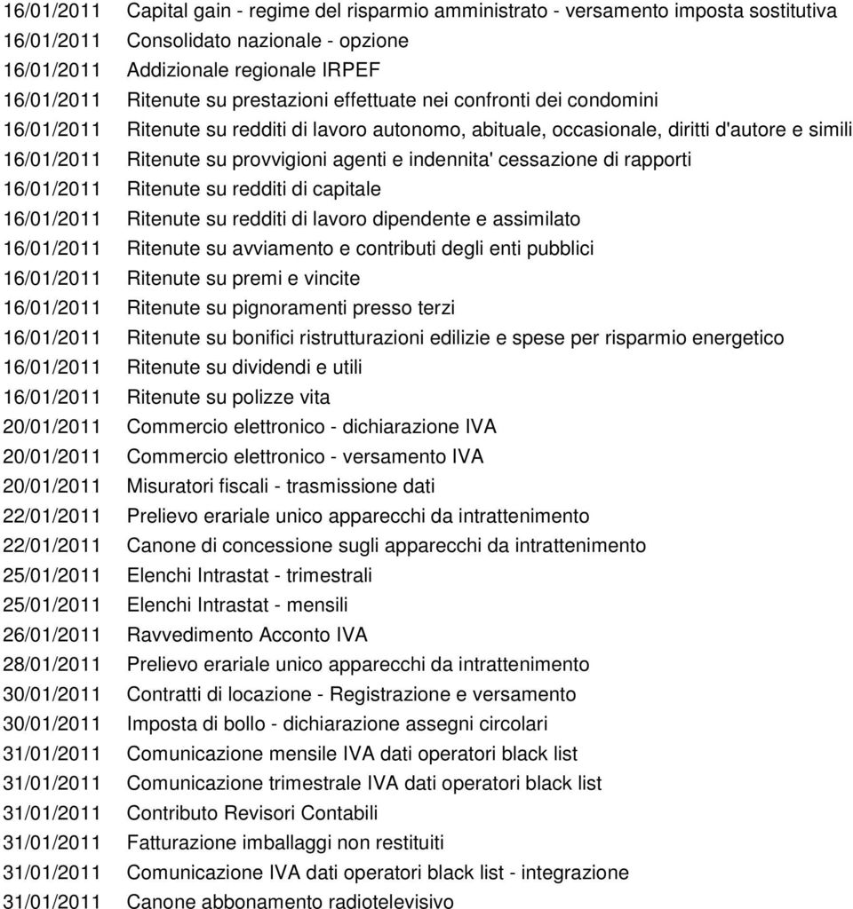 indennita' cessazione di rapporti 16/01/2011 Ritenute su redditi di capitale 16/01/2011 Ritenute su redditi di lavoro dipendente e assimilato 16/01/2011 Ritenute su avviamento e contributi degli enti