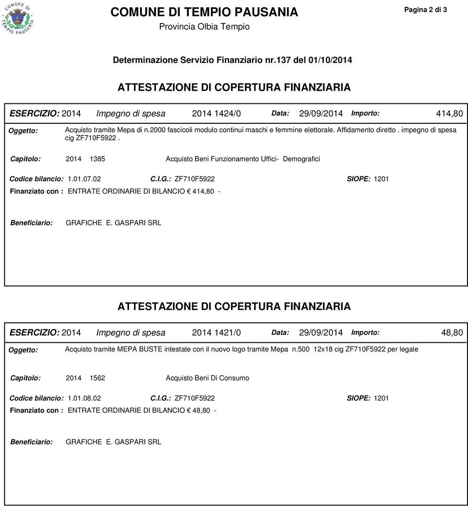 2000 fascicoli modulo continui maschi e femmine elettorale. Affidamento diretto. impegno di spesa cig ZF710F5922.