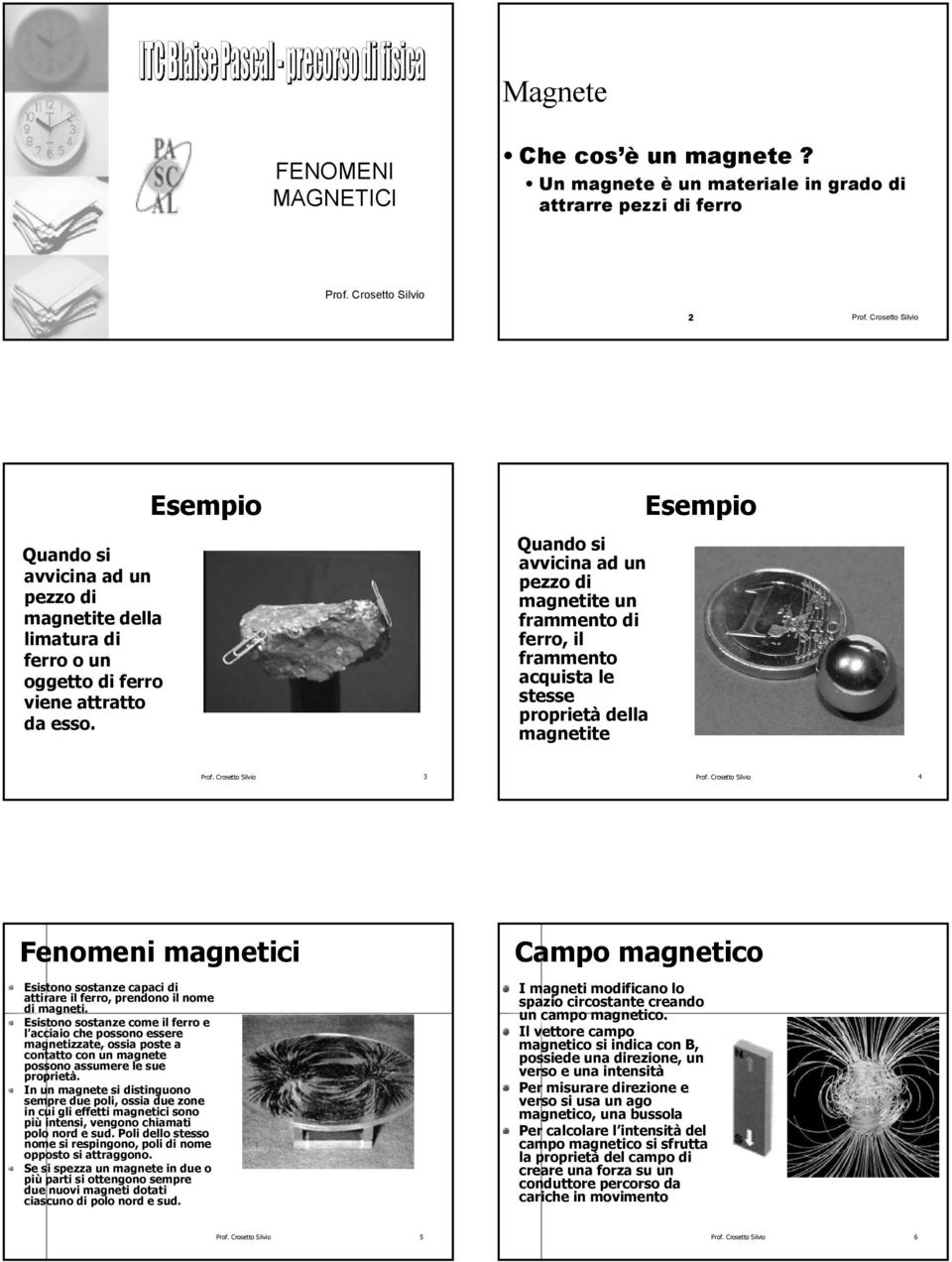 Quando si avvicina ad un pezzo di magnetite un frammento di ferro, il frammento acquista le stesse proprietà della magnetite Prof. Crosetto Silvio 3 Prof.