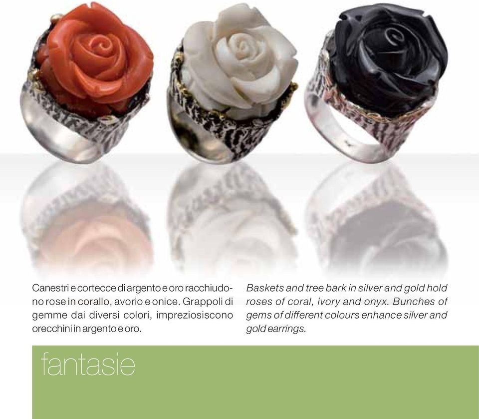 fantasie Baskets and tree bark in silver and gold hold roses of coral, ivory and