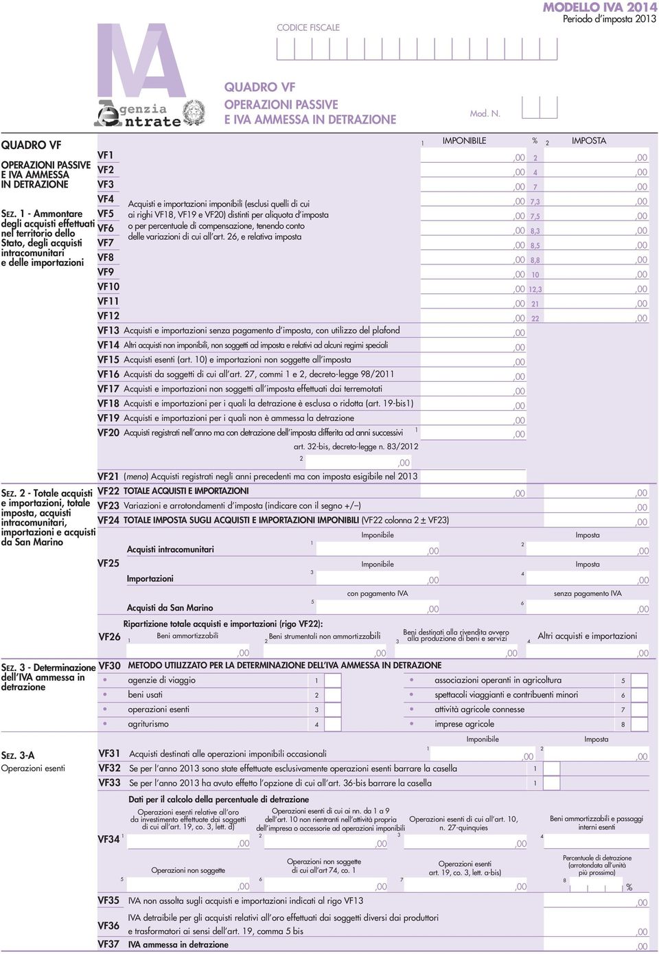 - Totale acquisti VF e importazioni, totale VF imposta, acquisti intracomunitari, VF importazioni e acquisti da San Marino SEZ. - Determinazione dell IVA ammessa in detrazione SEZ.