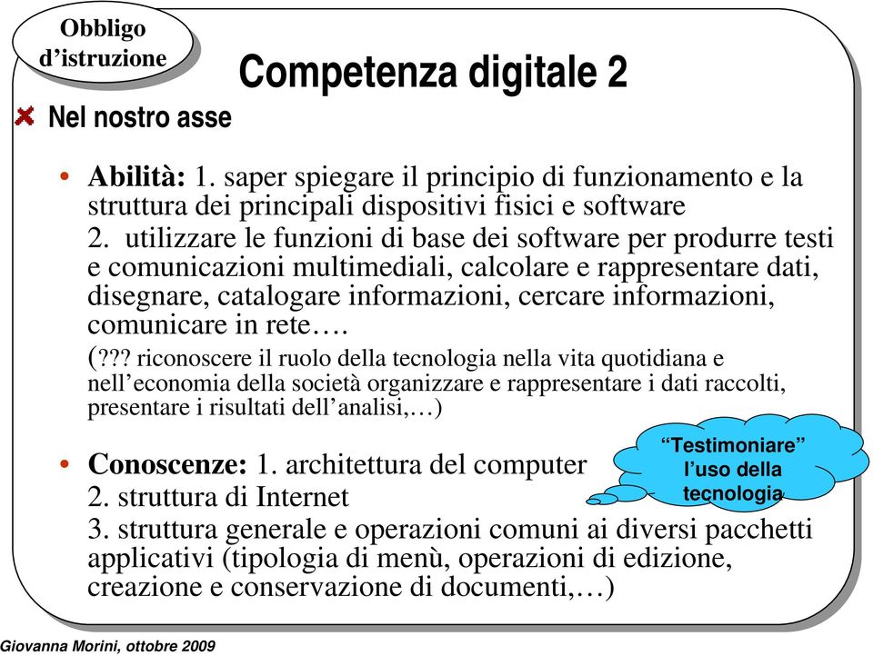 rete. (??? riconoscere il ruolo della tecnologia nella vita quotidiana e nell economia della società organizzare e rappresentare i dati raccolti, presentare i risultati dell analisi, ) Conoscenze: 1.