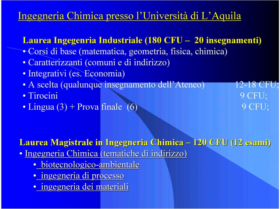 Economia) A scelta (qualunque insegnamento dell Ateneo) 12-18 CFU; Tirocini 9 CFU; Lingua (3) + Prova finale (6) 9 CFU; Laurea