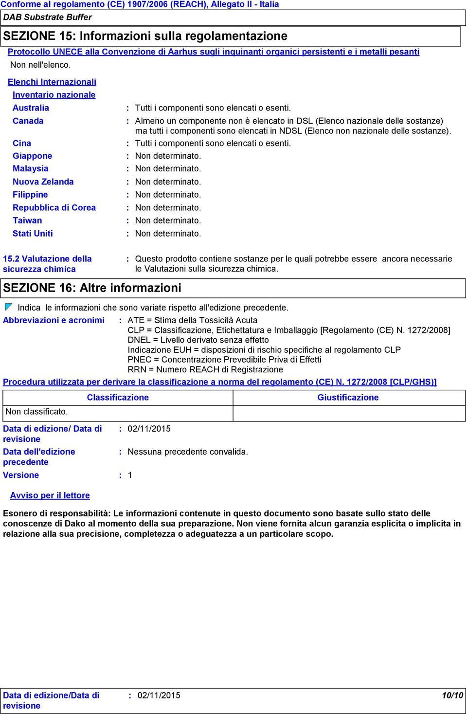 Almeno un componente non è elencato in DSL (Elenco nazionale delle sostanze) ma tutti i componenti sono elencati in NDSL (Elenco non nazionale delle sostanze).