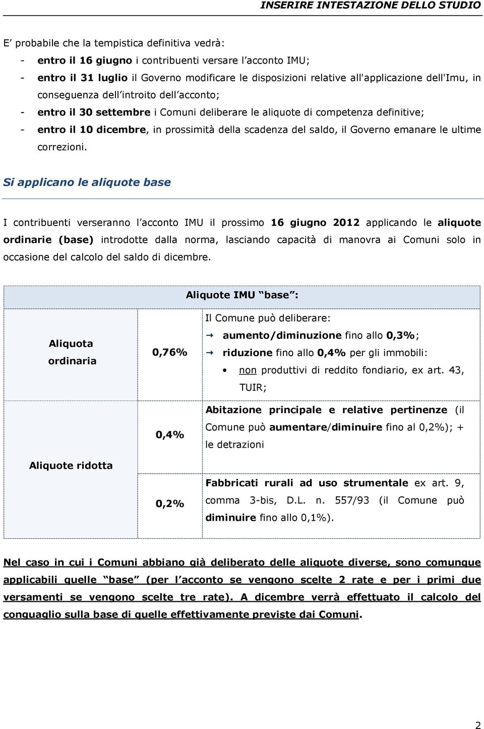 Si applicano l aliquot bas I contribunti vrsranno l acconto IMU il prossimo 16 giugno 2012 applicando l aliquot ordinari (bas) introdott dalla norma, lasciando capacità di manovra ai Comuni solo in