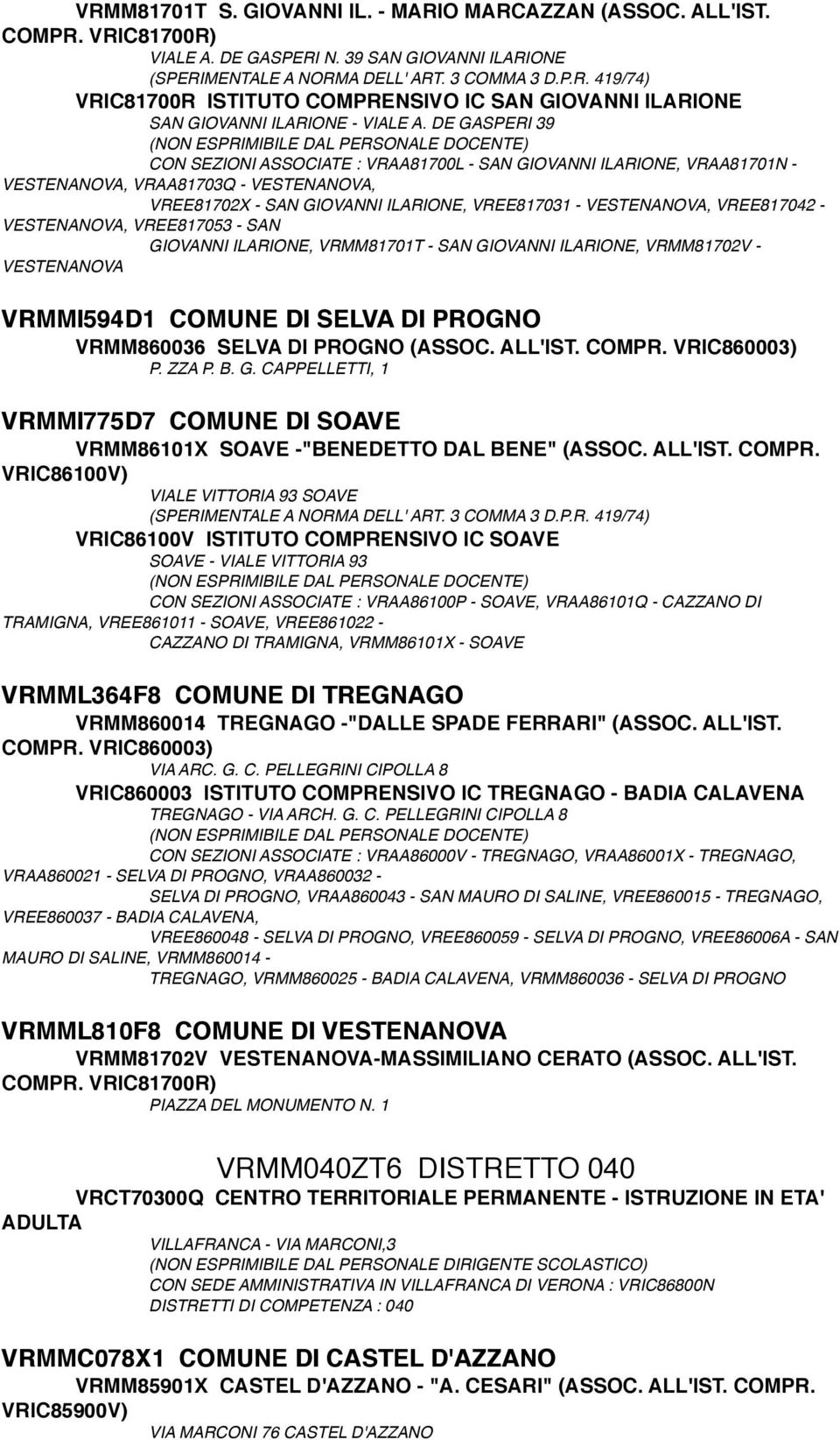 DE GASPERI 39 CON SEZIONI ASSOCIATE : VRAA81700L - SAN GIOVANNI ILARIONE, VRAA81701N - VESTENANOVA, VRAA81703Q - VESTENANOVA, VREE81702X - SAN GIOVANNI ILARIONE, VREE817031 - VESTENANOVA, VREE817042