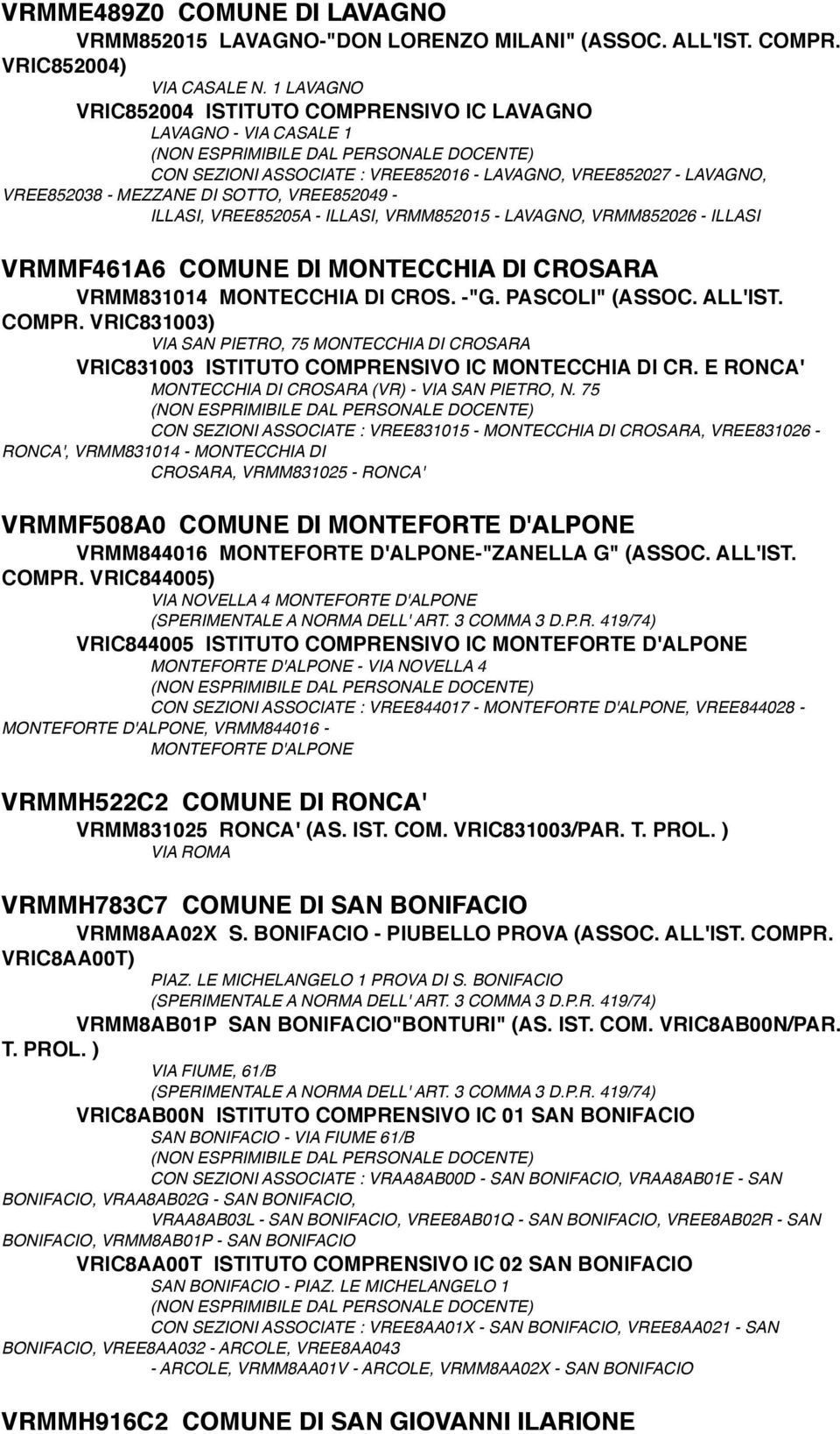 VREE85205A - ILLASI, VRMM852015 - LAVAGNO, VRMM852026 - ILLASI VRMMF461A6 COMUNE DI MONTECCHIA DI CROSARA VRMM831014 MONTECCHIA DI CROS. -"G. PASCOLI" (ASSOC. ALL'IST. COMPR.