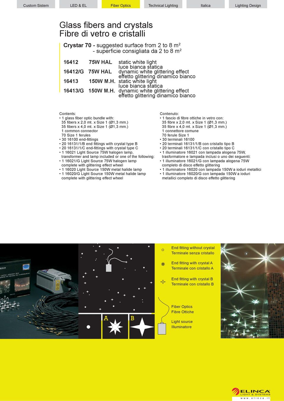 bianco e cristalli 16413 150W M.H. 16413/G 150W M.H. 1 glass fiber optic bundle with: 35 fibers x 2,0 mt. x Size 1 (Ø1,3 mm.