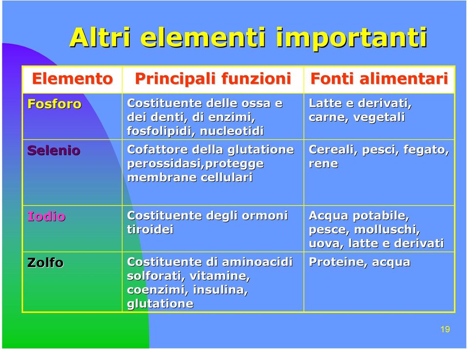 derivati, carne, vegetali Cereali, pesci, fegato, rene Iodio Zolfo Costituente degli ormoni tiroidei Costituente di