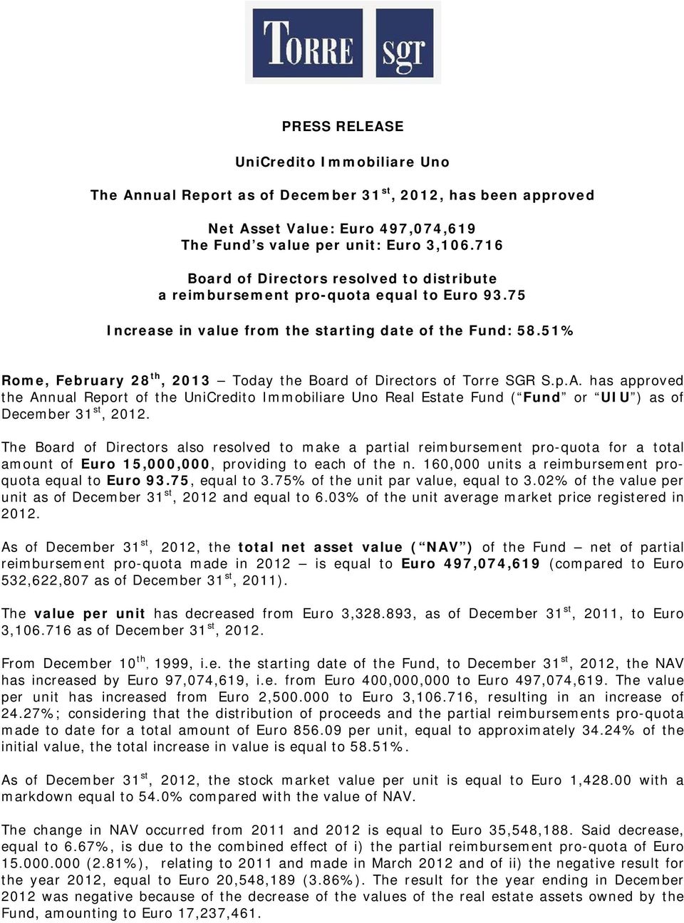 51% Rome, February 28 th, 2013 Today the Board of Directors of Torre SGR S.p.A.