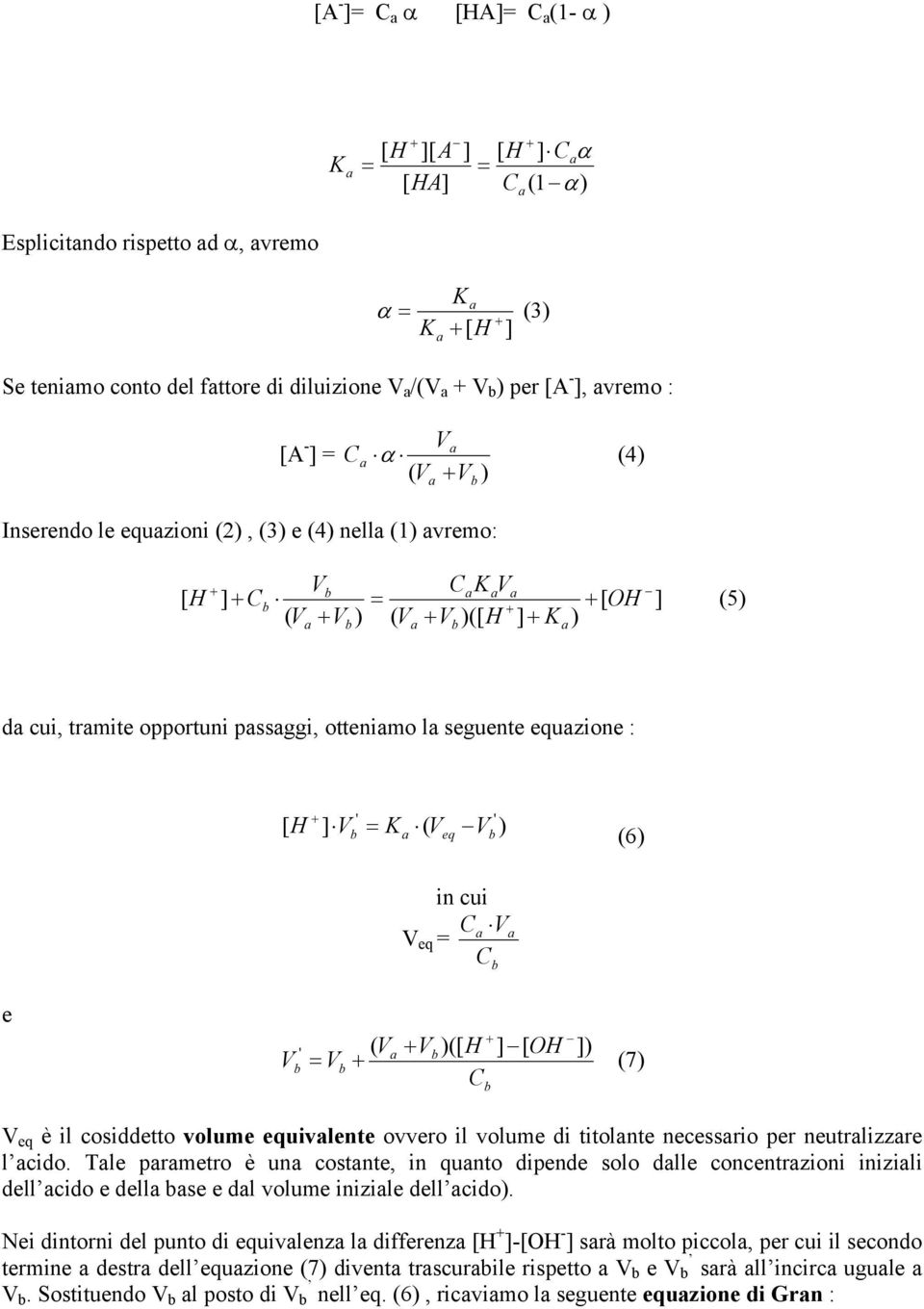 (6) in cui C V V eq C e V ' ( V V )([ H ] [ OH ]) V (7) C V eq è il cosiddetto volume equivlente ovvero il volume di titolnte necessrio per neutrlizzre l cido.