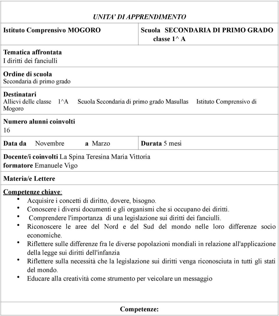 Teresina Maria Vittoria formatore Emanuele Vigo Materia/e Lettere Competenze chiave: Acquisire i concetti di diritto, dovere, bisogno.