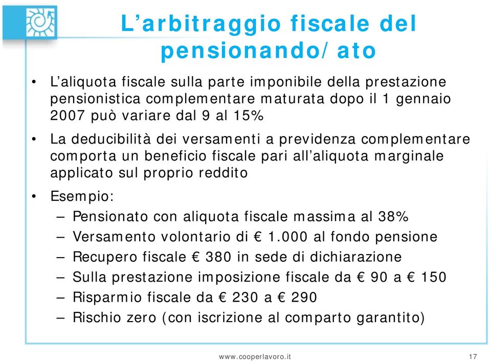 proprio reddito Esempio: Pensionato con aliquota fiscale massima al 38% Versamento volontario di 1.