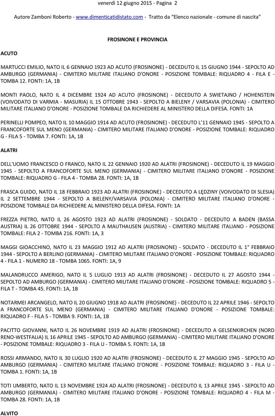 FONTI: 1A, 1B MONTI PAOLO, NATO IL 4 DICEMBRE 1924 AD ACUTO (FROSINONE) - DECEDUTO A SWIETAJNO / HOHENSTEIN (VOIVODATO DI VARMIA - MASURIA) IL 15 OTTOBRE 1943 - SEPOLTO A BIELENY / VARSAVIA (POLONIA)