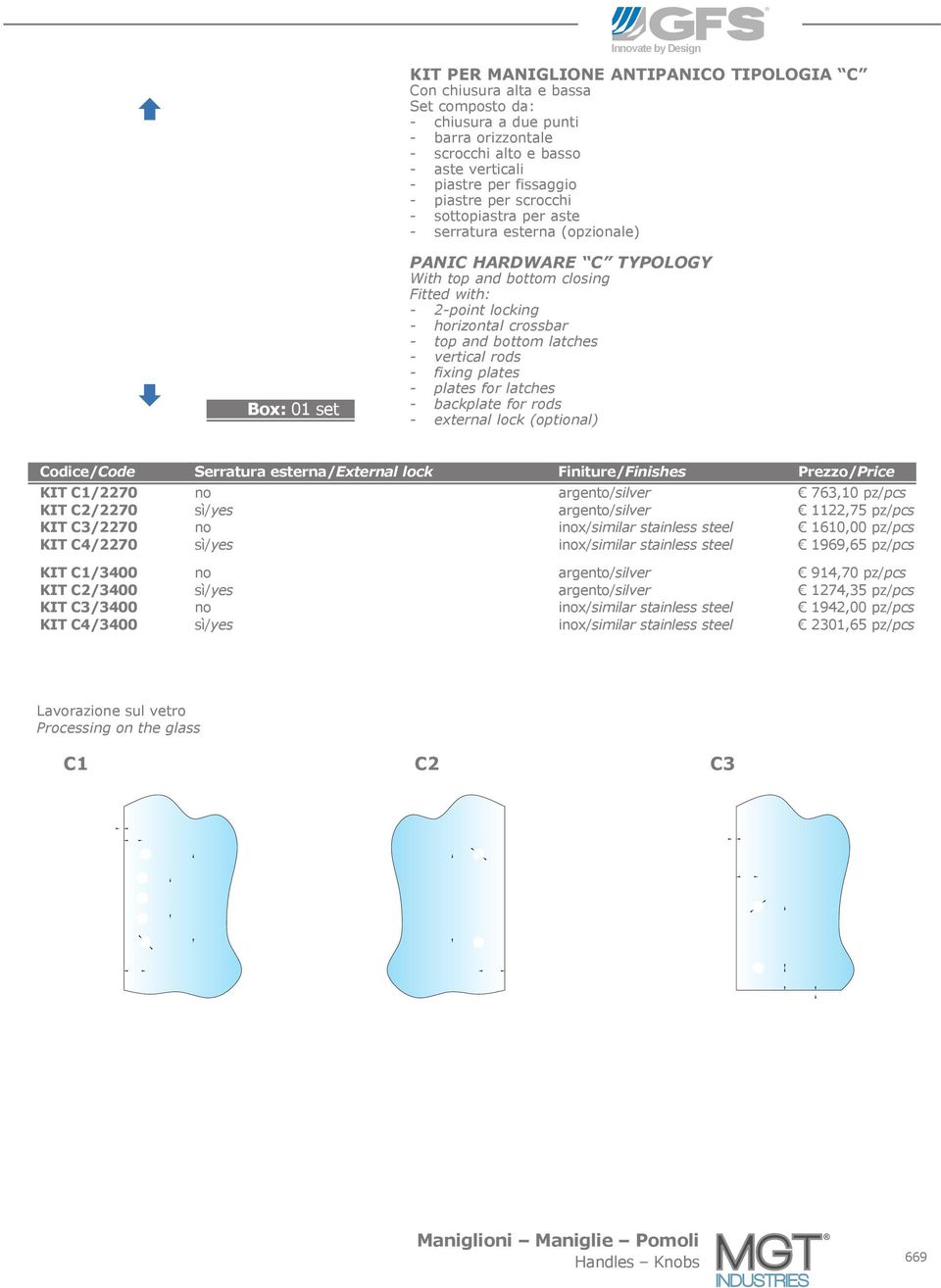 horizontal crossbar - top and bottom latches - vertical rods - fixing plates - plates for latches - backplate for rods - external lock (optional) Codice/Code Serratura esterna/external lock