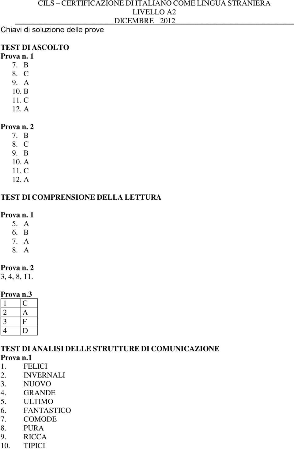 A 6. B 7. A 8. A 3, 4, 8, 11. Prova n.3 1 C 2 A 3 F 4 D TEST DI ANALISI DELLE STRUTTURE DI COMUNICAZIONE Prova n.