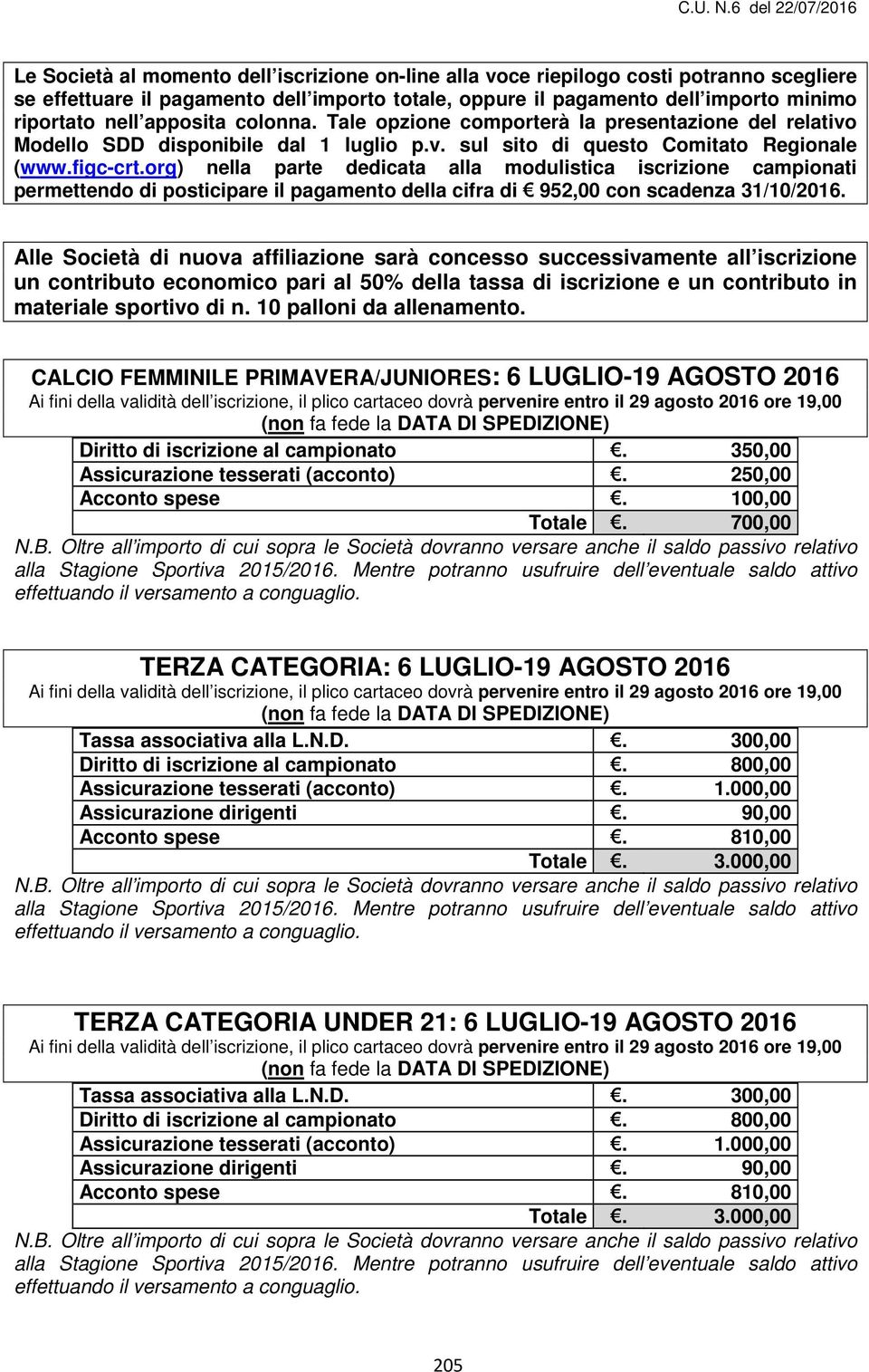 org) nella parte dedicata alla modulistica iscrizione campionati permettendo di posticipare il pagamento della cifra di 952,00 con scadenza 31/10/2016.