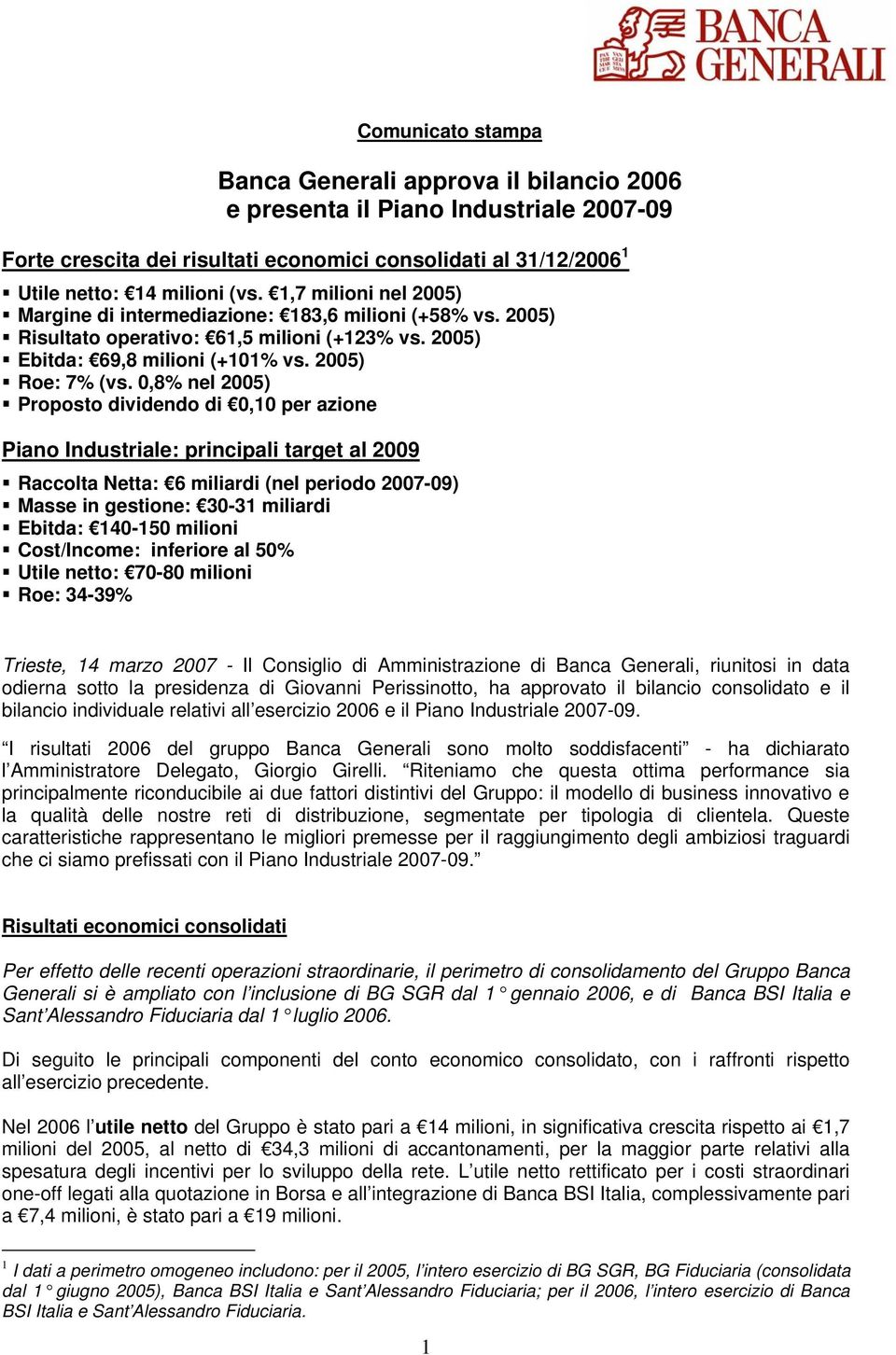 0,8% nel 2005) Proposto dividendo di 0,10 per azione Piano Industriale: principali target al 2009 Raccolta Netta: 6 miliardi (nel periodo 2007-09) Masse in gestione: 30-31 miliardi Ebitda: 140-150