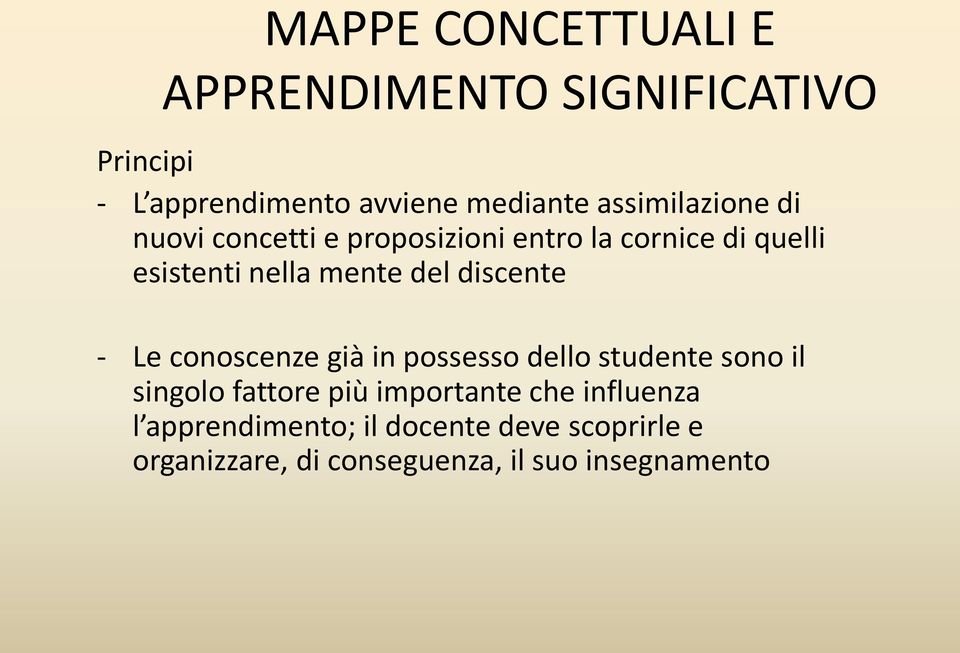 del discente - Le conoscenze già in possesso dello studente sono il singolo fattore più importante