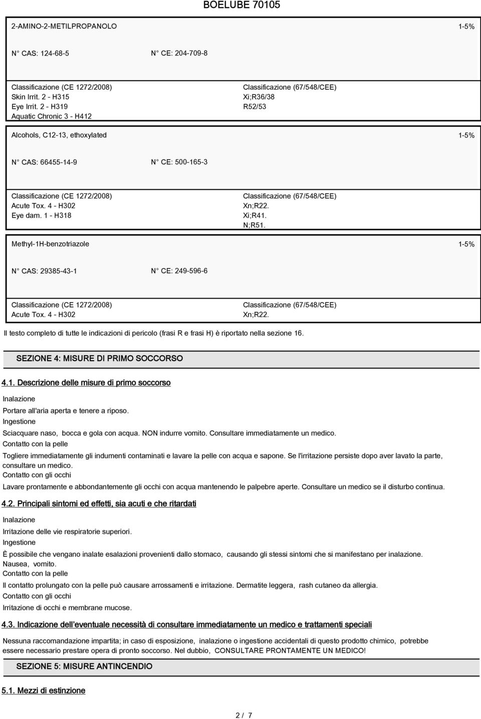 1 - H318 Classificazione (67/548/CEE) Xn;R22. Xi;R41. N;R51. Methyl-1H-benzotriazole 1-5% N CAS: 29385-43-1 N CE: 249-596-6 Acute Tox. 4 - H302 Classificazione (67/548/CEE) Xn;R22.