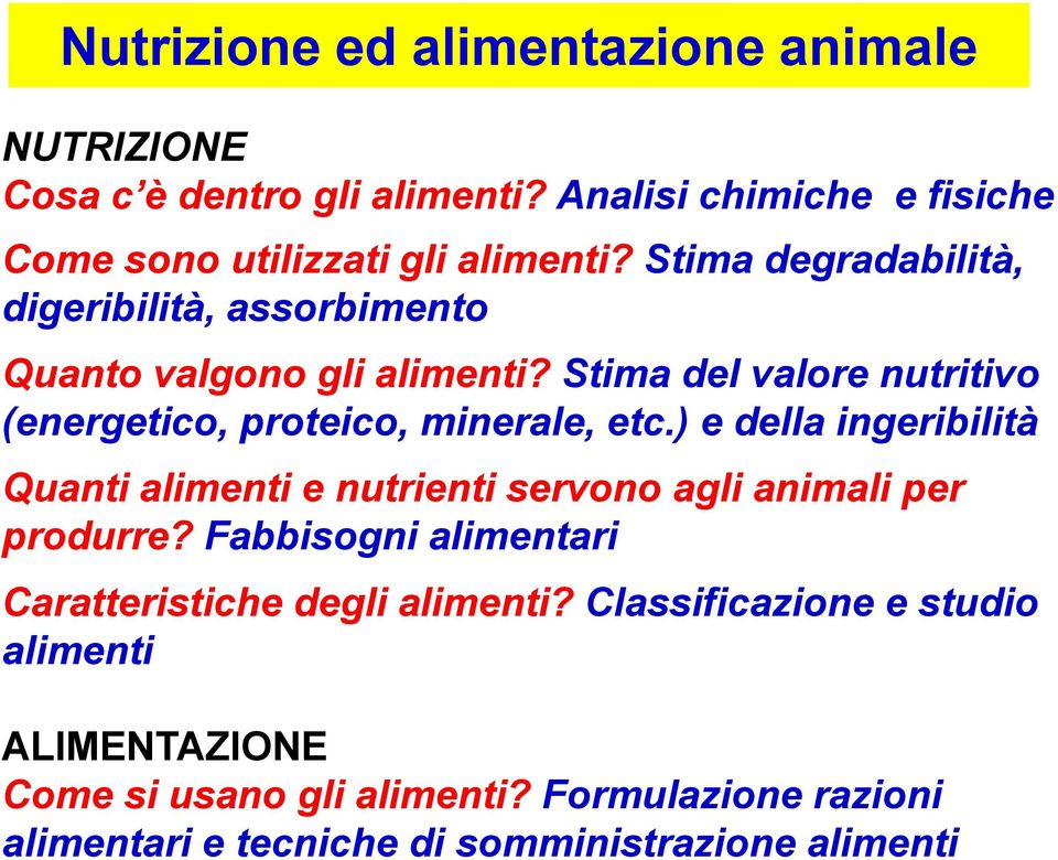 ) e della ingeribilità Quanti alimenti e nutrienti servono agli animali per produrre? Fabbisogni alimentari Caratteristiche degli alimenti?