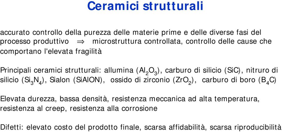 silicio (Si 3 N 4 ), Sialon (SiAlON), ossido di zirconio (ZrO 2 ), carburo di boro (B 4 C) Elevata durezza, bassa densità, resistenza meccanica ad