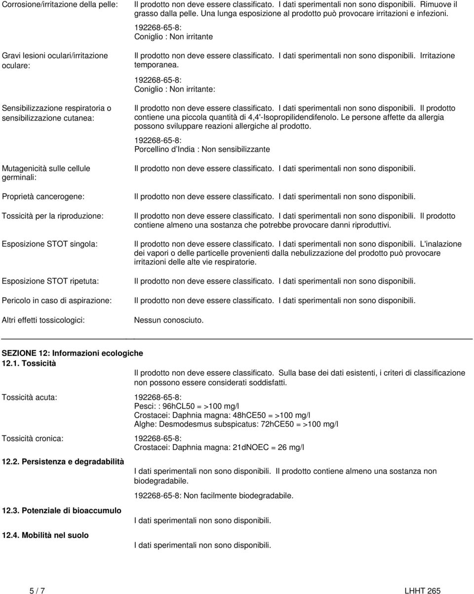 Coniglio : Non irritante: Sensibilizzazione respiratoria o sensibilizzazione cutanea: Mutagenicità sulle cellule germinali: Proprietà cancerogene: Tossicità per la riproduzione: Esposizione STOT