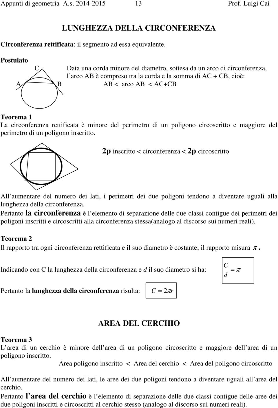 perimetro di un poligono circoscritto e maggiore del perimetro di un poligono inscritto.